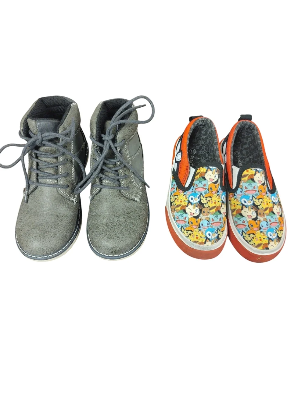 Bundle Of Boys Gray Lace-Up Boots & Pokemon Slip-On Sneakers Size 13